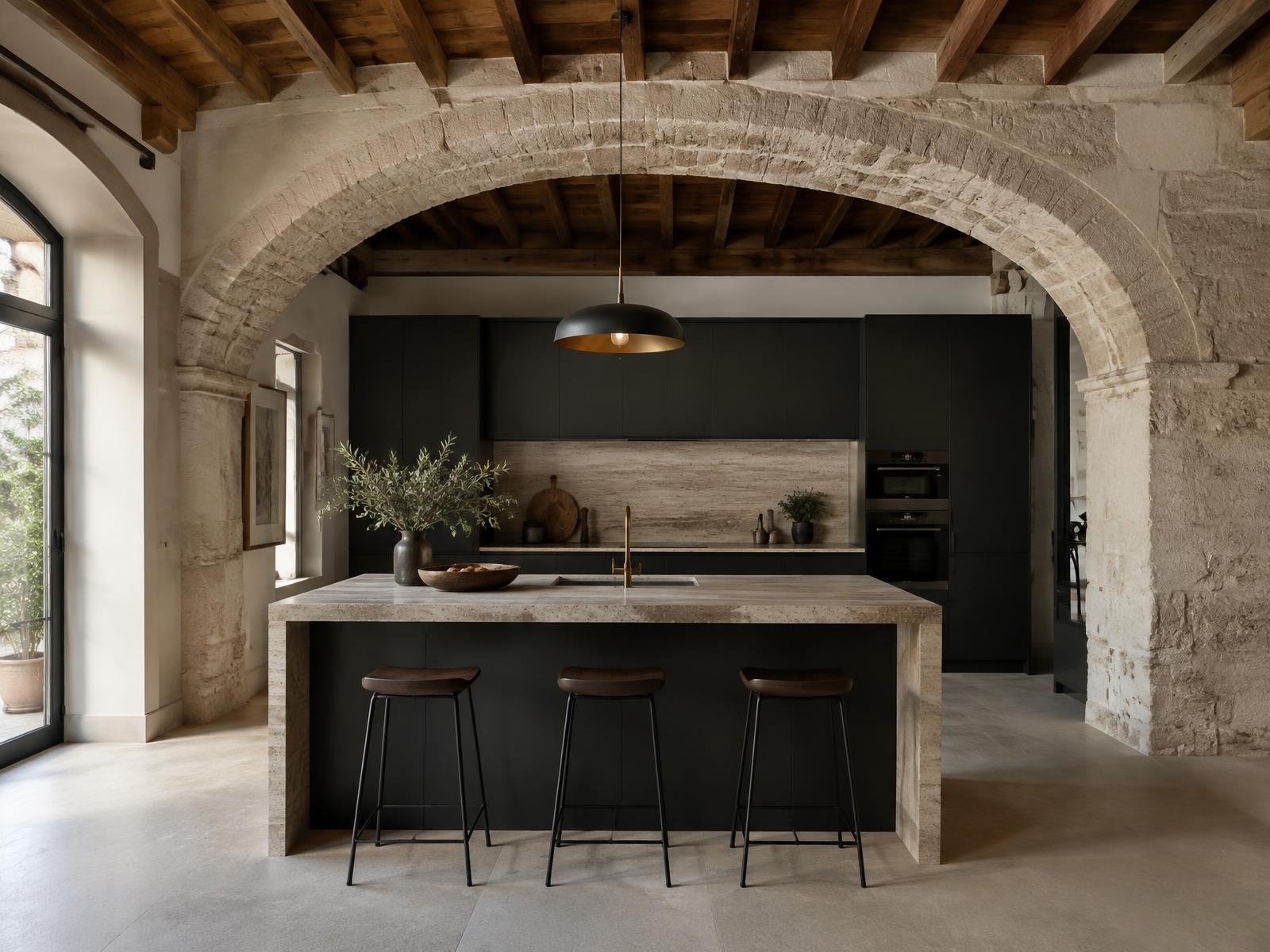 Cocina oscura bajo arco de piedra recuperado