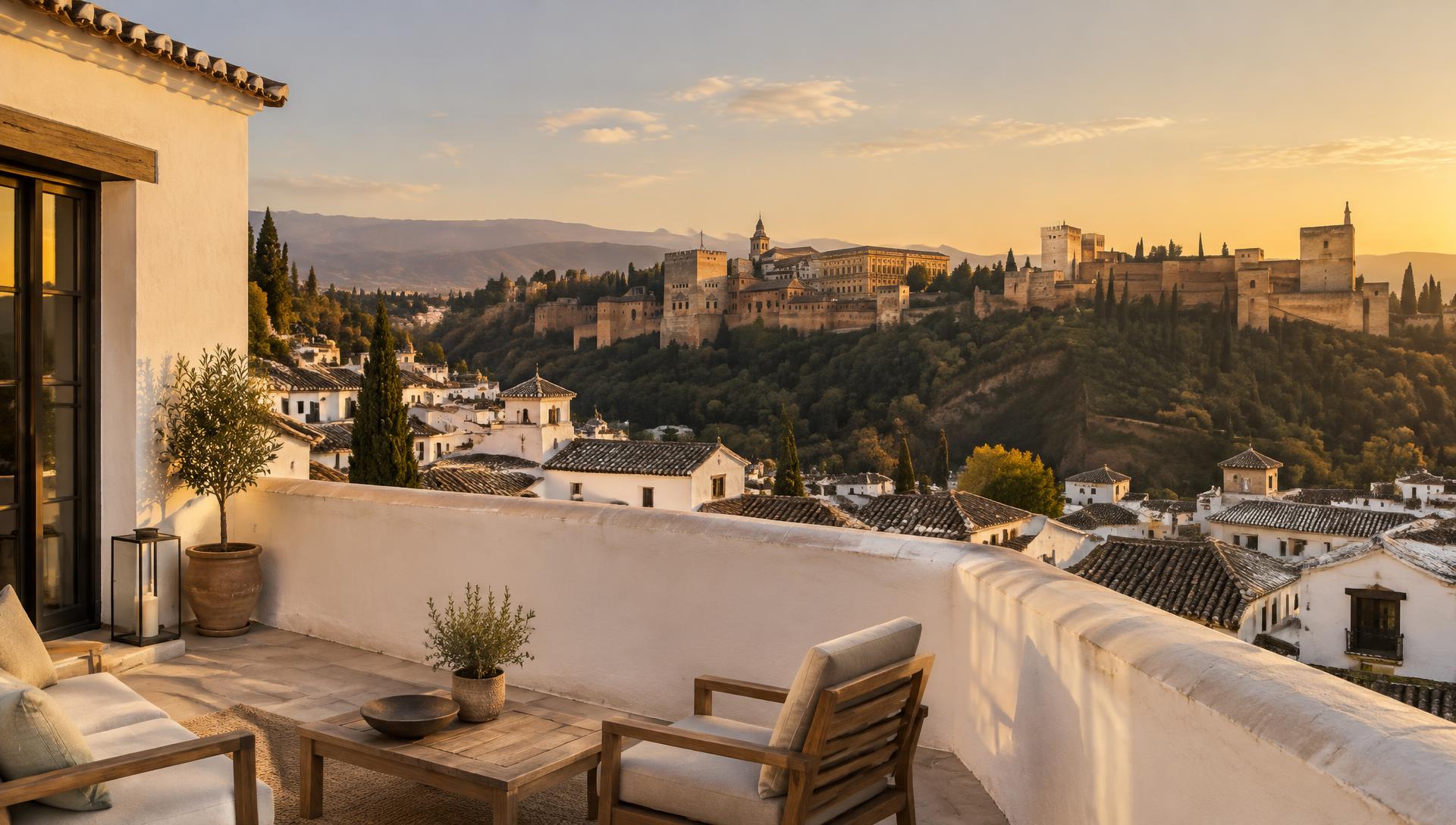 Terraza con vistas a la Alhambra al atardecer